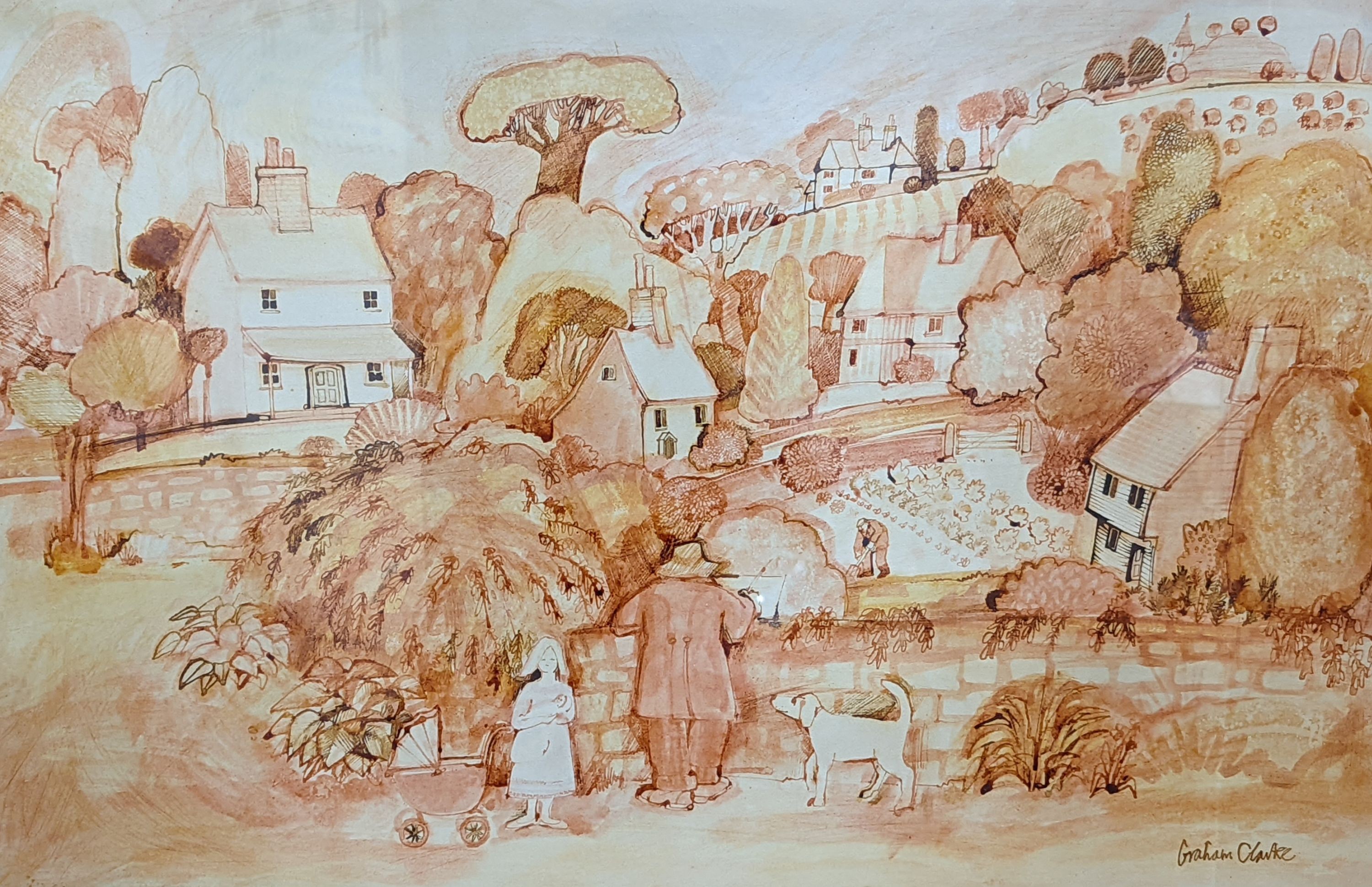 Graham Clarke (b.1941), ink and watercolour, 'Nocturne', signed, 56 x 88cm